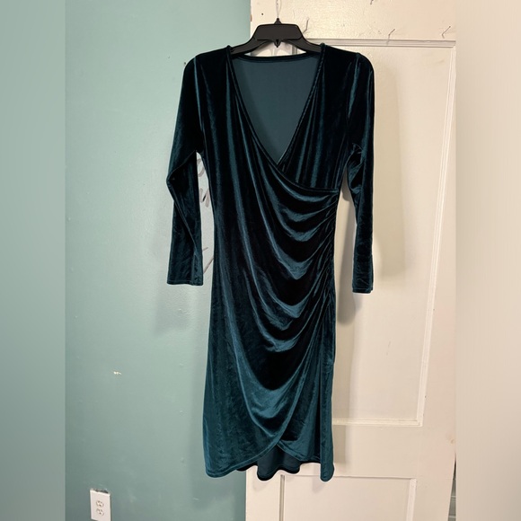 Teal Green Blue V Neck Velvet Dress Body Con M Medium - Picture 1 of 7